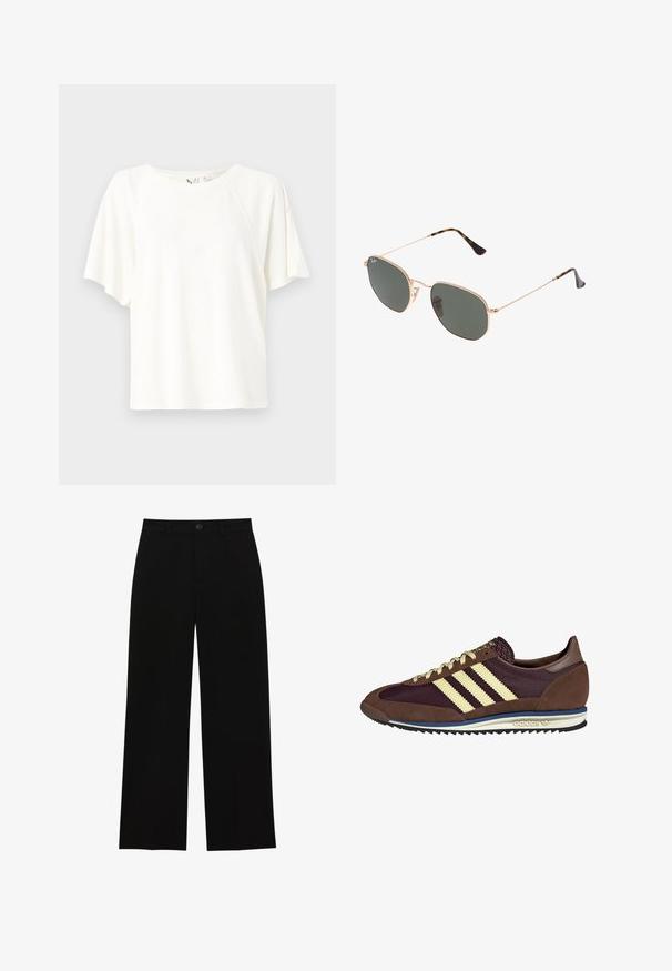 Fehér, rövid ujjú póló, puha anyagból, laza fazonnal, kerek nyakkivágással és diszkrét logóval a mellrészen.; Fekete, magasan ülepelt, bő szárú nadrág sima anyagból, lapos elejű, gombos záródással, látható zsebek nélkül.; Barna és bordó sneaker velúr és hálós anyagból, három krémcsíkkal, texturált anyaggal a nyelvén és gumitalppal.; Arany fémkeretes napszemüveg sötétzöld lencsékkel, pilóta stílusban, vékony karokkal és teknősbékás díszítéssel a végeken.