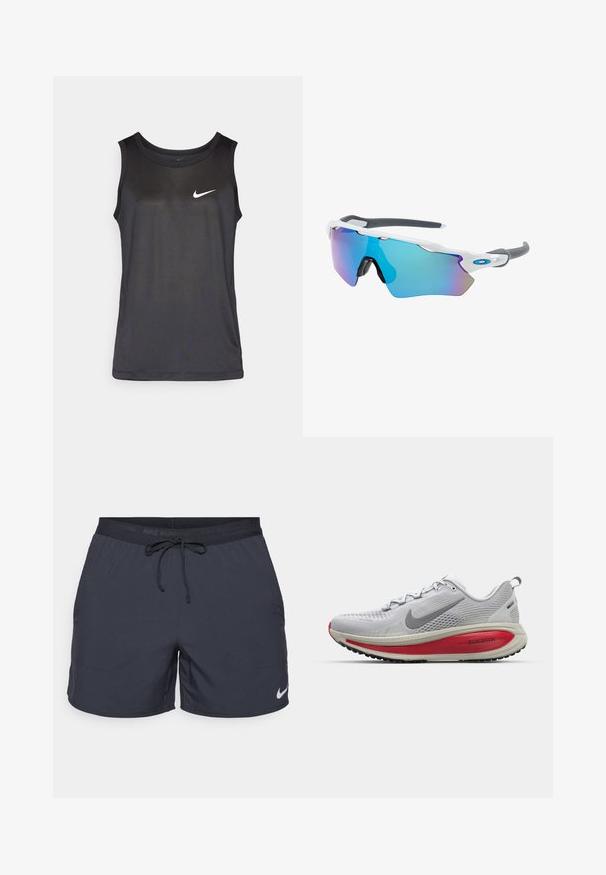Sort sports tanktop med rund halsudskæring, ærmeløst design og et lille hvidt Nike-logo på forsiden. Lavet af letvægtsmateriale.; Nike løbeshorts, mørkegrå, elastisk talje med snor, sidelommer, letvægtsstof, med et hvidt Nike-logo på nederste kant.; Nike løbesko i lysegrå mesh med røde accenter, der har en afrundet tå, tykk polstret sål og struktureret sål til greb.; Solsikker med hvid ramme, grå accenter og blå spejllinser. Sporty design, omviklet form og justerbare næsepuder.