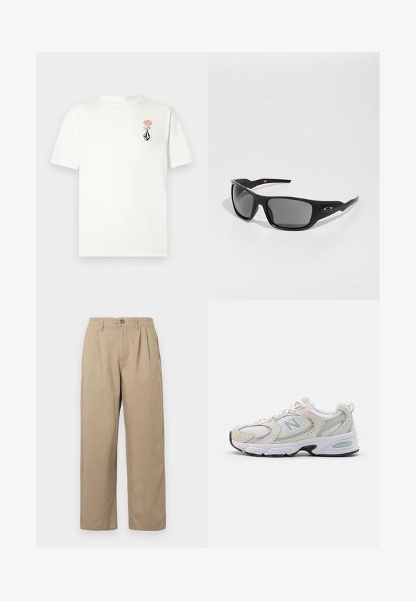 Hvid bomulds T-shirt med korte ærmer. Har en pink rose og et sort geometrisk design broderet på venstre bryst.; Beige høj talje bukser med folder, bæltestropper, knaplukning og lige ben på en hvid baggrund.; Sportssko med en lys grå mesh-overdel og ruskindsdetaljer, hvide snørebånd og en sort gummisål. Bemærkelsesværdig ABZORB dæmpning.; Sorte solbriller med rektangulær form, lavet af holdbart plastik, med gråtonede linser og en guldfarvet detalje på siden.