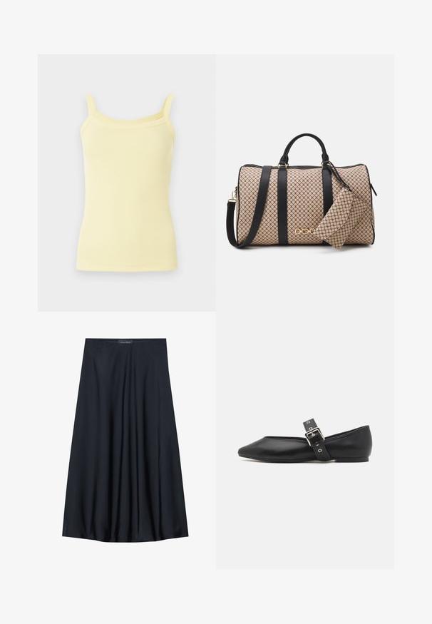 Top fără mâneci galben, cu nervuri, cu bretele subțiri și un design ajustat, având o textură subtilă și un tiv drept.; Fustă neagră, până la genunchi, fabricată dintr-un material ușor, cu un design fluid. Prezintă o textură netedă și pliseuri subtile pentru un detaliu suplimentar.; Pantofii din piele neagră, cu vârf ascuțit, curea laterală cu o cataramă din argint și toc mic. Textură netedă și design minimalist.; Geantă tip duffle cu un exterior modelat bej, curele din piele neagră, accesorii aurii și un mic pouch asortat atașat. Design structurat.; Ceas de mână rectangular cu nuanță aurie, cu un cadran alb, marcaje argintii pentru ore și o brățară din linkuri metalice durabile. Include caracteristica de rezistență la apă.