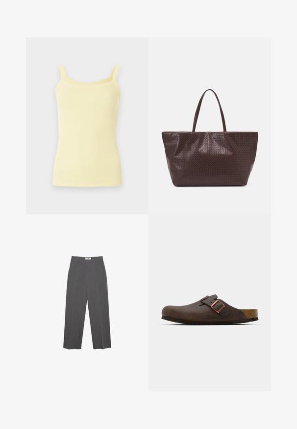 Yellow ribbed tank top with thin straps and a fitted design, featuring subtle texture and a straight hem.; Gray straight-leg trousers made from textured fabric, featuring a mid-rise waist, belt loops, and side pockets. No visible patterns or accents.; Brown leather clog with a wide strap and a copper buckle, featuring a textured cork footbed and a thick black rubber sole.; Brown woven leather tote bag with two handles, a structured shape, and a textured surface, featuring a diamond pattern throughout.; Silver rectangular watch with a metallic link bracelet, textured white face, and minimalist hour markers. Brand name "ROSEFIELD" displayed.