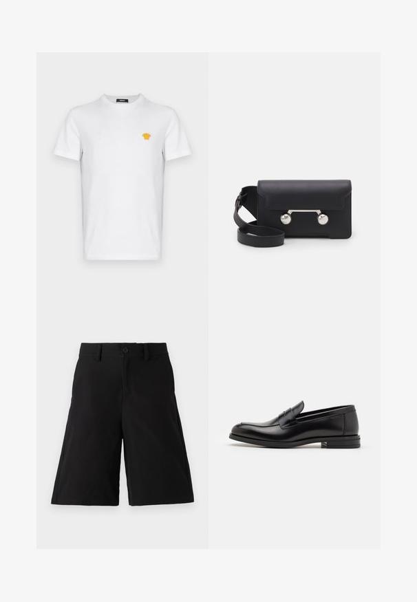 Biele bavlnené tričko s krátkymi rukávmi, s malým žltým vyšitým logom na ľavej hrudi. Klasický dizajn s okrúhlym výstrihom.; Čierne šortky vyrobené z bavlnenej zmesi, s rovnom strihom, predným zapínaním na gombík, bočnými vreckami a hladkou textúrou.; Čierne kožené mokasíny s hladkou textúrou, zaoblenou špičkou a dekoračným pásikom cez priehlavok. Nízky vrstvený opätok, minimalistický dizajn.; Čierna kožená crossbody taška s klopovým uzáverom, strieborné nity a dve okrúhle ozdoby. Obsahuje odnímateľný popruh. Hladký povrch.