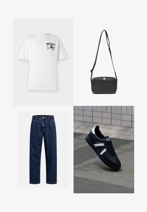 White cotton t-shirt featuring a black graphic with "MICKEY" and a cartoon character, with a round neckline and short sleeves.; Dark blue denim jeans with a straight-leg design. Features visible stitching, a button closure, and front pleats for added detail.; Black leather sneaker with white stripes, textured rubber sole, and lace-up front. Features a branded label on the tongue.; Black leather crossbody bag with a zip closure, embossed logo on the front, and adjustable strap. Smooth texture with a rectangular shape.