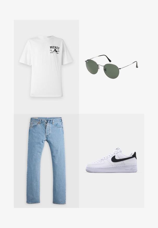 Hvid bomulds t-shirt med et sort grafik, der viser "MICKEY" og en tegneseriefigur, med rund halsudskæring og korte ærmer.; Lys blå lige ben denim jeans med knaplukning, bæltestropper og for- og baglommer, vist på en hvid baggrund.; Hvide lædersneakers med en struktureret sort Swoosh, flade snørebånd og en gummisål med et rillemønster. "AIR" er præget på hælen.; Metalrammede solbriller med ovale grønne linser. Tynd sølvmetalramme og sorte ørepropper. Minimalistisk design, ingen synlige logoer.