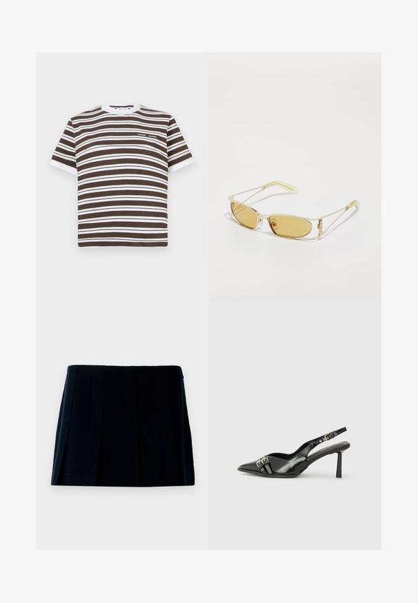 Brūnas un baltas svītraina īsām piedurknēm T-krekls ar apaļu kakla izgriezumu un mazu logotipu uz krūts. Izgatavots no mīksta kokvilnas materiāla.; Melnā plisētā mini svārki, kas izgatavoti no auduma. Tiem ir taisna josta un vairākas vertikālas krokas, kas piešķir formu un tekstūru.; Melnā patentēta ādas sandale ar norādītu purngalu, potītes siksniņām ar sudraba sprādzēm un aparatūru, kā arī smalku papēdi.; Dzeltenā tonēti saulesbrilles ar caurspīdīgu zelta rāmi, smalku taisnstūra formu un leņķotām kājām ar gaiši zaļiem akcentiem.; Melnā iepirkumu soma ar gludu neilona virsmu, aprīkota ar garām ādas siksnām, noņemamu plecu siksnu un zelta logotipu.