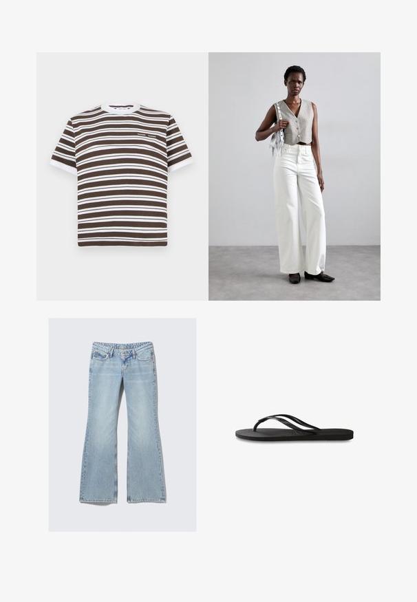 Bruine en witte gestreepte t-shirt met korte mouwen, een ronde halslijn en een klein logo op de borst. Gemaakt van zachte katoen.; Weekday NOVA - Slim fit jeans - lip blue; Zwarte flip-flop met een gestructureerde rubberen zool, twee slanke banden en een subtiele, ingedrukte logo-detail op de band.; Grijs gecropped vest met knopen, gecombineerd met witte wijde jeans en zwarte platte schoenen. Geaccentueerd met een kleine zilveren franjen tas.