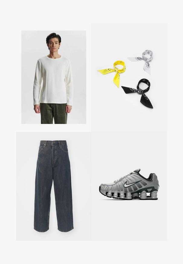 White long-sleeve ribbed top with a round neckline, featuring a textured pattern and fitted sleeves, paired with olive green pants.; Wide-leg dark blue denim jeans with subtle distressed texture, five pockets, and a classic button and zipper closure at the waist.; Grey and black Nike running shoe with visible spring-like cushioning under the sole and a white swoosh logo on the side.; Three bandanas: one yellow with black patterns, one white with black designs, and one black with white graphics. All are square, lightweight fabric.