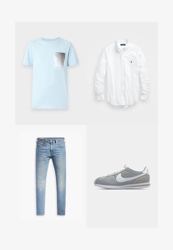 Ljusblå bomullströja med korta ärmar och rund halsringning. Har en rektangulär grafisk design i svart och vitt på vänster bröst.; Vit långärmad skjorta i bomull med knappar. Har en klassisk krage, knappmanchetter och en liten broderad logotyp i marinblått på bröstet.; Ljust blå smala jeans med lätt blekning på låren, framknäppning, bältesslingor och fem fickor på en vit bakgrund.; Grå idrottssko med ovandel i mocka och textil, vit Nike-swoosh och vita snören. Har en texturerad gummisula och vadderad krage.