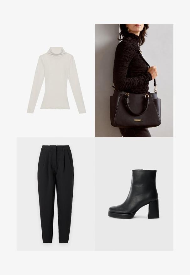 Pikad varrukad ja kõrge kaelusega t-särk heleda beeži värviga. Valmistatud pehmest, elastse kangaga, millel on lõdvestatud lõige ja voltidega kaelus.; Mustad püksid sirge lõikega, millel on voldid ees, sile tekstuur ja küljehoiukotid. Vöökoht on standardkõrgus.; Must musta ankle boot, milleplokk-konts ja platvormi tallaga, vaadatud küljelt ühetoonilise valge tausta peal.; Musthave must kott, millel on tekstuurne pind, kaks ülemist käepidet ja reguleeritav õlarihm. Omab kuldse tooni riistu ja külgtaskuid.