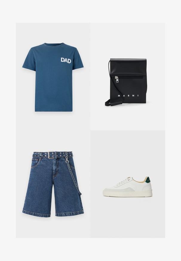 Blue cotton t-shirt with short sleeves and a crew neck, featuring a white "DAD" text print on the left chest area.; Denim shorts in dark blue, wide-cut design with a belted waist featuring metallic grommets, finished with contrasting stitching and a side chain.; White sneaker with suede accents, rounded toe, flat laces, and a cream rubber sole. Features green branding on the heel.; Black leather crossbody bag with a zippered front pocket, embossed logo, and adjustable strap. Smooth texture with a structured shape.