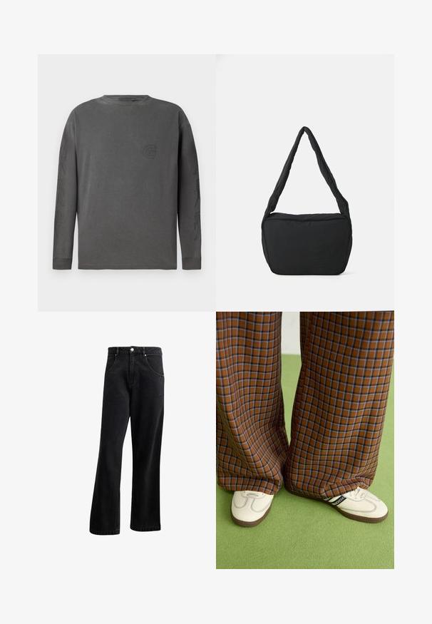 Grå långärmad t-shirt i bomullsblandning, med rund halsringning, som har en subtil logotyp och abstrakta mönster på ärmarna; mjuk textur.; Svarta denimjeans med rak bendesign, med framfickor, knäppning med knapp och lätt textur. Inkluderar en subtil logotypdetalj.; Bruna och blå rutiga vida byxor i kombination med vita skor med svarta accenter och texturerade sulor, mot en grön bakgrund.; Svart axelväska med en vadderad textur, rund form och bred rem, med en präglad logotyp på framsidan.
