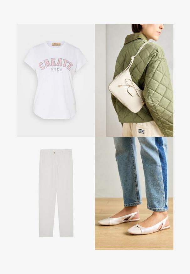 Baltas kokvilnas T-krekls ar īsām piedurknēm, noapaļotu kakla izgriezumu un lielu rozā kontūru tekstu "CREATE" ar "MIVI 2010" zem tā.; Baltas, pielāgots bikses ar taisnu kāju dizainu, ar pogu aizdari, jostu cilpām un sānu kabatām; gluda auduma tekstūra.; Bālti rozā siksniņu dzīvokļi ar smailu purngalu, izgatavoti no gludas ādas līdzīgās materiāla. Iezīmē izgriezumu detaļas sānos un platu papēdi.; Bēša ādas crossbody soma ar loku detaļu, zelta aparatūru un vienu regulējamu siksnu, vilkta pāri zaļai quilted jakai.