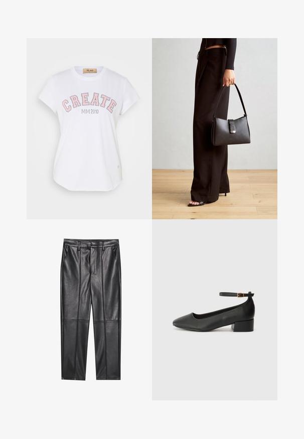 Hvit bomulls T-skjorte med korte ermer, rund halslinning, og stor rosa omrammet "CREATE" tekst med "MIVI 2010" under.; Sorte lærbukser med en glat tekstur, der har en lige pasform, to forlommer og synlige sømdetaljer.; Sorte skinnpumper med spiss tå og lav blokkhelt. Har ankelrem med gullfarget spenne. Glatt tekstur.; Svart håndveske med strukturert form, jevn tekstur og metallisk lås. Kombinert med brede svarte bukser og sandaler med åpen tå på tregulv.