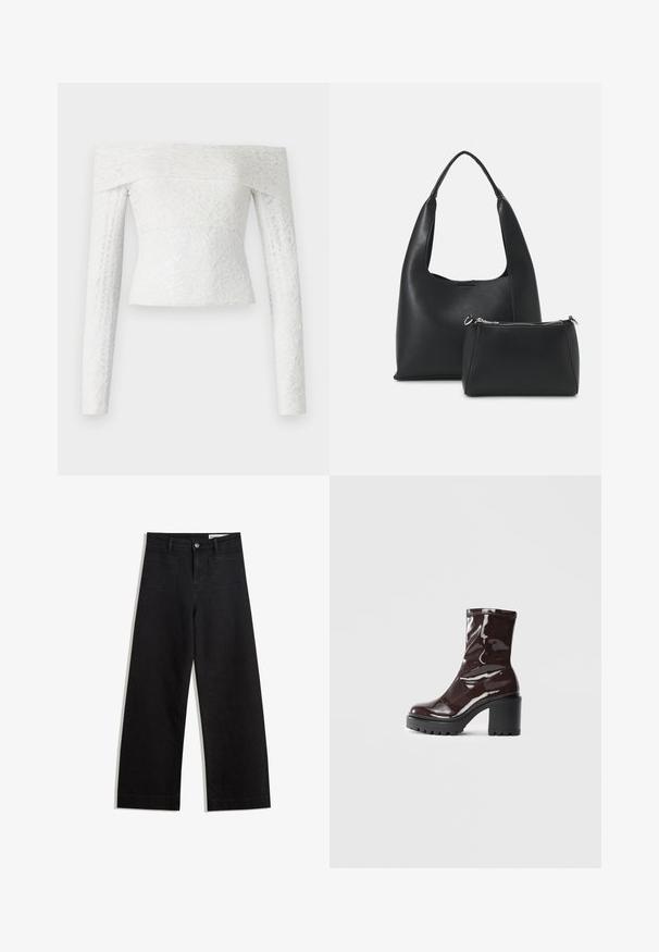 Biele čipkované tričko s odhalenými ramenami a dlhými rukávmi, s textúrovaným kvetinovým vzorom a priliehavým strihom.; Čierne denimové nohavice s širokými nohavicami a vysokým pásom, so prednými a zadnými vreckami, šitými švami a zapínaním na gombík. Hladká textúra.; Lesklé burgundské kotníkové boty s robustním černým podpatkem, s hladkou strukturou a jednoduchým designem. Bez viditelných zapínání nebo vzorů.; Even&Odd Kabelka - black