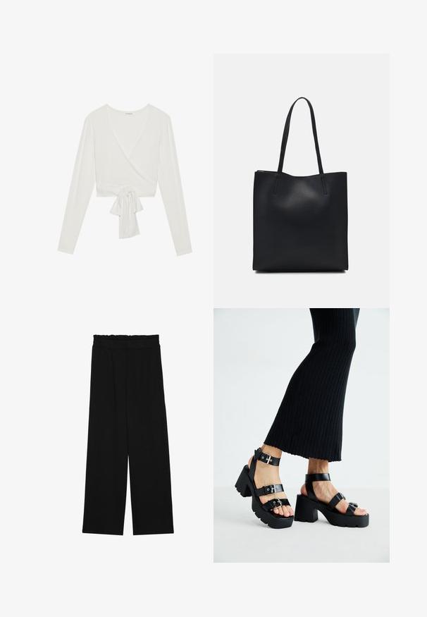 Top bianco a maniche lunghe avvolto con scollatura a V e dettaglio annodato davanti. Realizzato in tessuto morbido, presenta un design cropped. Texture liscia.; Pantaloni neri a gamba larga con cintura arricciata, dotati di due tasche laterali e un tessuto liscio e leggero. Nessun motivo visibile o parti metalliche.; Sandali neri con piattaforma, suole chunky e tassellate, dotati di molteplici cinturini, con fibbie in metallo e un texture simile alla pelle liscia.; Borsa tote in pelle nera con texture liscia, forma rettangolare e due manici lunghi. Nessun hardware o decorazione visibile.