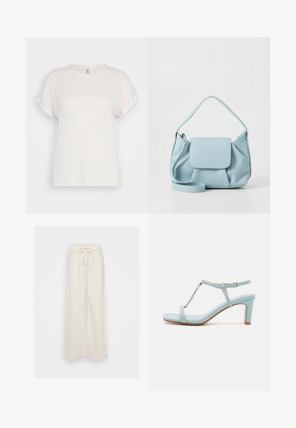 Kratkoročna majica s krojem okroglih izreza iz prosojne bele tkanine z drobnimi navpičnimi črtami in sproščenim krojem. Mehka tekstura in preprosti oblikovalski detajli.; Kremne široke hlače iz mehkega materiala z elastičnim pasom in vrvico. Imajo dve stranski žepi.; Svijetloplave sandale s visokom petom i remenom oko gležnja, sa kvadratnim vrhom, koji imaju metalik akcent i glatku, glatku kožnu teksturu.; Svetlo modra usnjena torbica z zgornjim ročajem, sprednjim žepom s preklopom in odstranljivim zapestnim trakom na beli podlagi.; Srebrne obročaste uhane z gladkim, okroglim dizajnom in poliranim zaključkom. So tanke in lahke, z enostavnim zapiranjem na sponko.