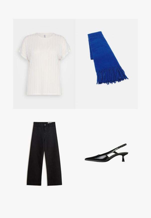Tielko s krátkym rukávom a okrúhlym výstrihom z priehľadnej bielej látky s jemnými vertikálnymi prúžkami a voľným strihom. Mäkká textúra a jednoduché dizajnové detaily.; Čierne denimové nohavice s širokými nohavicami a vysokým pásom, so prednými a zadnými vreckami, šitými švami a zapínaním na gombík. Hladká textúra.; Čierne lakované kožené lodičky na podpätku s špicatou špičkou, výrezovým dizajnom na boku a malým štvorcovým podpätkom. Hladký povrch s minimálnymi akcentmi.; Modrá tkaná šatka s strapcami na koncoch, hladká textúra, obdĺžnikový tvar a jednotná farba po celom povrchu. Vhodná do chladného počasia.