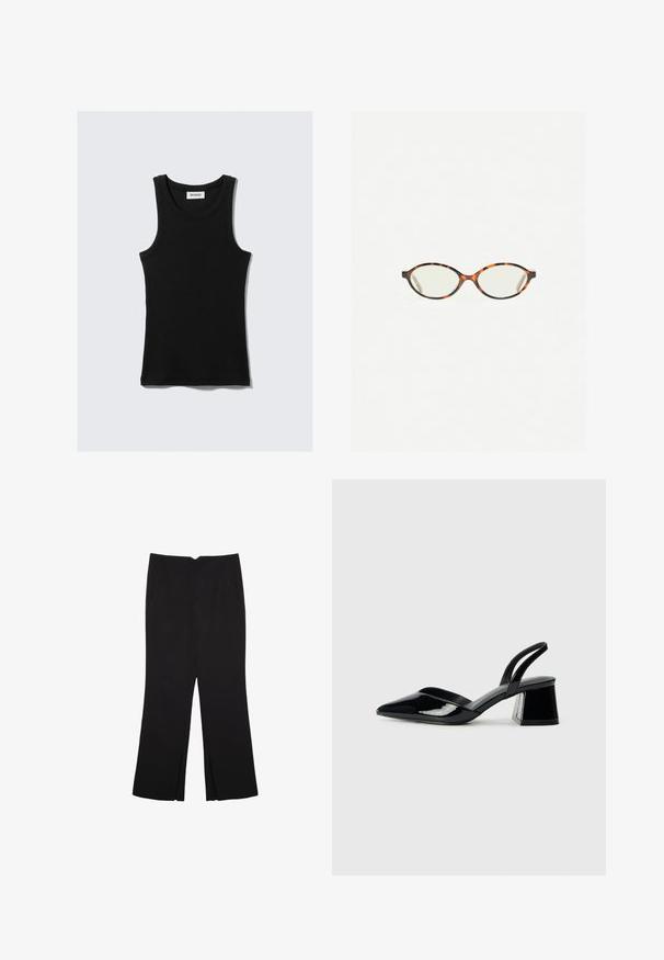 Canotta nera in cotone con scollatura arrotondata, spalline larghe e silhouette aderente. Presenta il marchio in bianco.; Pantaloni neri a gamba dritta, con tasche frontali e spacchi laterali all'orlo. Realizzati in tessuto morbido e liscio. Adatti a diverse occasioni.; Décolleté in vernice nera con punta affusolata e tacco in geometria cubica. Presentano un design elegante e minimalista, con una texture liscia.; Occhiali in tartaruga con lenti ovali e una finitura liscia e elegante. Presentano aste sottili con una leggera curva alle tempie. Lenti trasparenti.