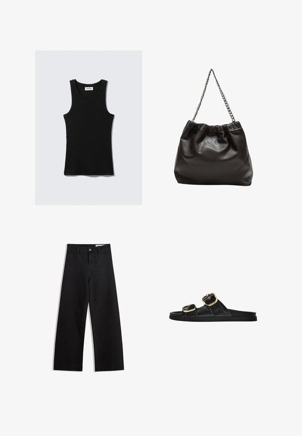 Canotta nera in cotone con scollatura arrotondata, spalline larghe e silhouette aderente. Presenta il marchio in bianco.; Pantaloni in denim neri a gamba larga con vita alta, dotati di tasche anteriori e posteriori, cuciture a punto, e chiusura con bottone. Texture liscia.; Infradito neri con due accenti di fibbia dorata, materiale dalla texture liscia, suola piatta e design minimalista.; Borsa in pelle marrone con parte superiore arricciata e tracolla a catena. Texture liscia con finitura lucida e dettagli di cucitura sottili sui lati.