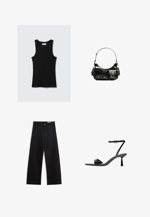 Black cotton tank top with a rounded neckline, wide shoulder straps, and a fitted silhouette. Features the brand label in white.; Black wide-leg denim pants with a high waist, featuring front and back pockets, stitched seams, and a button closure. Smooth texture.; Bershka High heeled sandals - black; Black patent leather handbag with a curved shape, one shoulder strap, front pockets, and silver-tone hardware accents.