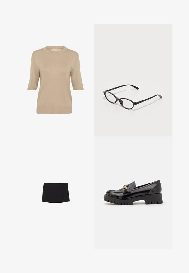 Culture EBBA ANNEMETTE - Svetr - tannin; Černá mini sukně vyrobená z hladkého, elastického materiálu; má rovný střih s decentním lemem a bez viditelných zapínání nebo vzorů.; Černé lakované kožené mokasíny s tlustou, zubatou černou podešví a zlatým kovovým doplňkem na přední straně. Hladká textury, klasický design.; Černé plastové brýle oválného tvaru, vybavené průhlednými čočkami a jedním fialovým akcentem na levé čočce. Elegantní, minimalistický design.