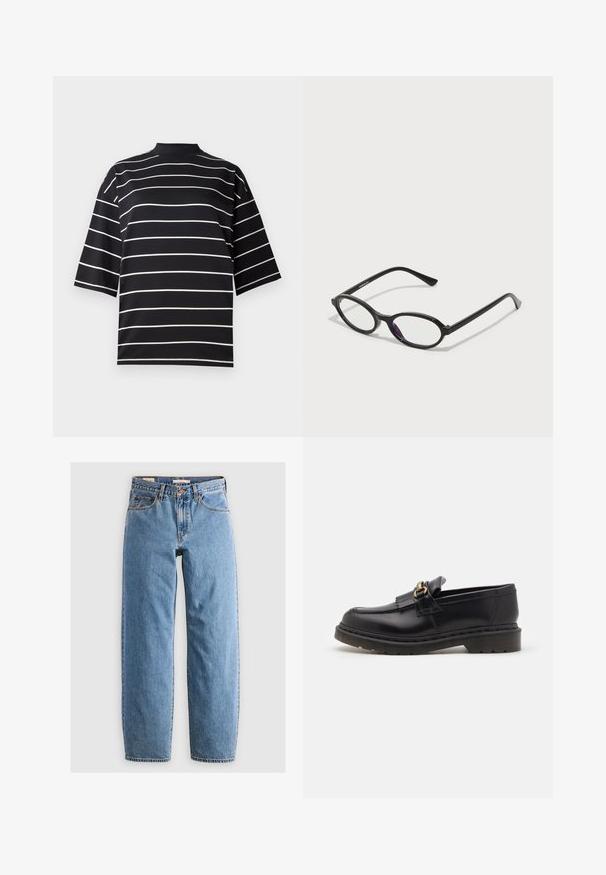Black short-sleeve shirt with white horizontal stripes. Features a high neck and a relaxed fit, made of a smooth, stretchy fabric.; Light blue denim jeans with a straight leg design, five pockets, a zipper fly, and a subtle faded texture. Classic styling with minimal hardware.; Black leather loafers with a rounded toe, decorative fringe, and gold hardware accent. Thick rubber sole for added traction and durability.; Black oval-frame glasses with translucent purple accents on the lenses. Frames have a matte finish and slender, straight temples.; Black leather tote bag with a textured surface, gold hardware, and two rounded handles. Features a secure closure and minimal branding.