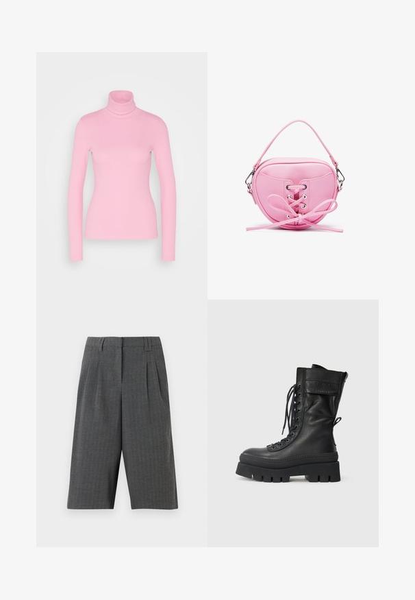 Even&Odd Camisola de manga comprida - pink; Bermudas cinza em padrão pied-de-poule com pregas, apresentando um design ajustado e comprimento até a coxa. Feitas de tecido texturizado, sem fechos visíveis.; Bota de combate em couro preto com cano alto, frente com atacadores, detalhes texturizados, sola grossa e costura detalhada. Apresenta uma alça na parte traseira.; Bolsa de mão em imitação de couro cor-de-rosa com formato circular, apresentando um design de atacadores com ilhós metálicos e um detalhe de laço. Inclui uma alça curta.