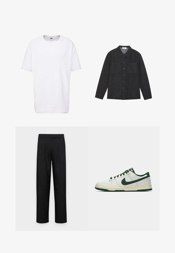 Urban Classics Tricou basic - white; Cămașă gri închis, dintr-un material texturat, cu guler ascuțit, închidere cu nasturi și două buzunare pe piept. Mâneci lungi cu mansete închise cu nasturi.; Pantaloni negri dintr-un material neted, cu un design drept, două pliuri frontale și un tiv standard cu bucle pentru curea.; Adidași albi cu vârf jos, având swoosh-ul Nike în verde închis, șireturile și accentele tălpii, prezentați în profil pe un fundal alb simplu.