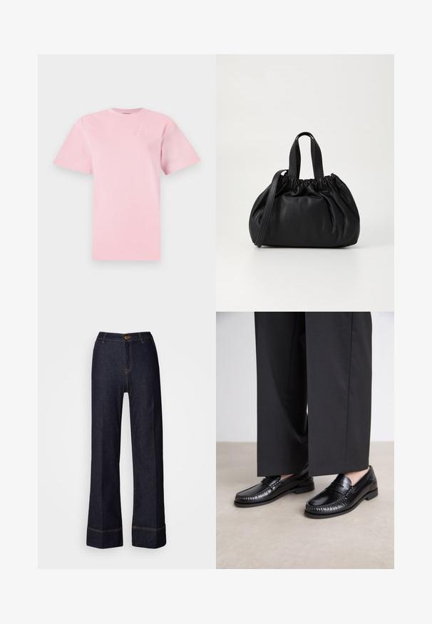 Light pink cotton t-shirt with a crew neck and short sleeves. Features an embossed logo on the upper left chest. Simple design.; Dark denim wide-leg pants with a high waist, featuring a front button closure and orange stitching accents. Smooth texture throughout.; Black leather loafers with a smooth finish, stitched detailing around the toe, and a low rubber sole. Paired with wide black trousers.; Black leather handbag with a gathered top design, featuring two short handles and a long adjustable strap. Smooth texture, rounded shape.