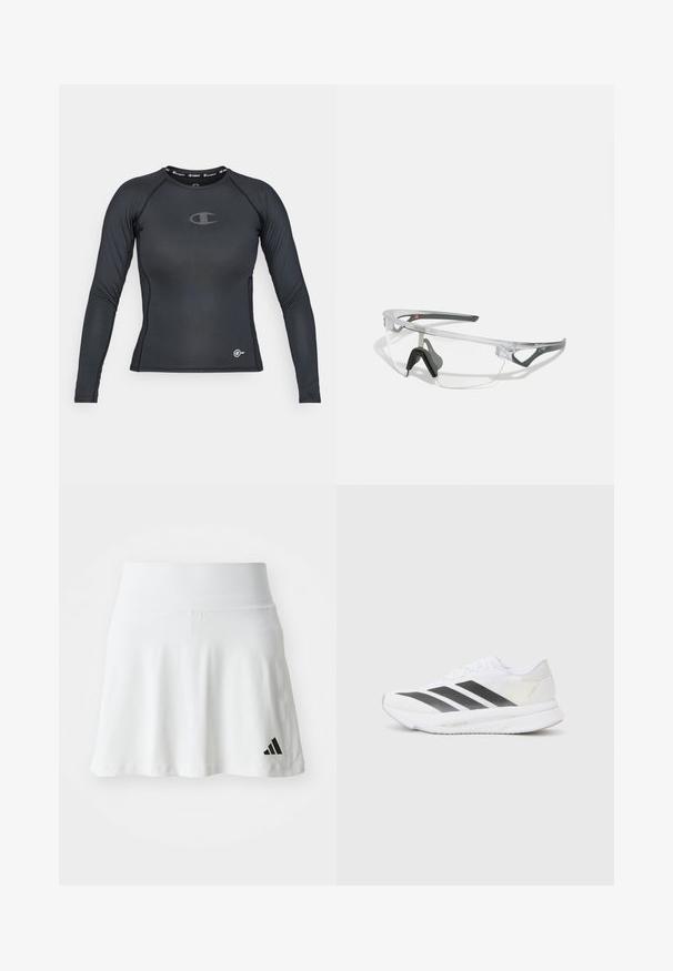 Zwart lang mouwen sportshirt gemaakt van rekbaar materiaal, met een ronde halslijn en logo-detail op de borst en zoom.; Witte sportrok met een zachte textuur, een uitlopende vorm en een zwart Adidas-logo op de linkeronderzijde. Gladde, elastische tailleband.; Witte sportschoen met zwarte diagonale strepen, bovenwerk van gaas, ronde neus en gestructureerde zool. Accenten zijn onder andere een zilveren hak en een minimalistisch ontwerp.; Duidelijke veiligheidsbril met een lichtgewicht, transparant montuur en grijze accenten. Bevat een rond lopend ontwerp en een verstelbare neuspiece.