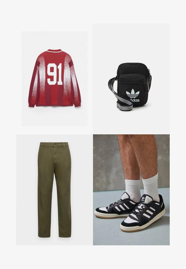 Rød sweater med en hvidstribet krave, falmede hvide mønstre og et stort hvidt '91' trykt på ryggen.; Olivengrønne bomuldsbukser med lige pasform, knaplukning og minimale syninger. Glat tekstur uden tydelige mønstre.; Sorte og hvide sneakers med en overdel i ruskind og læder, der har tre hvide striber, en perforeret tå og en sål i gummigummi.; Sort stof crossbody tas med lynlås, der har et hvidt Adidas-logo og en stribet justerbar rem for nem bæring.