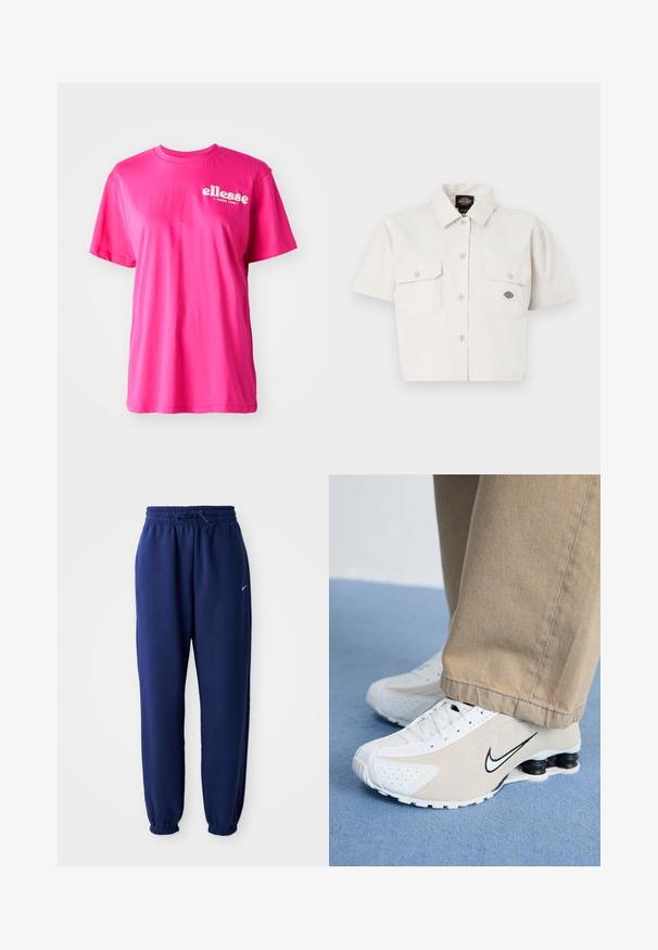 Heled roosa lühikeste varrukatega T-särk, millel on ümmargune kaelus, mugav lõige ja ees valge "ellesse" logo. Valmistatud pehmest puuvillaste materjalidest.; Lühikeste varrukatega, lühikeseks lõigatud valgest puuvillast särk, millel on kaks rinnataskut, nööbid ees ja logopatch vasakus taskus.; Tumesinine dressipluus, mis on valmistatud pehmest kangast, elastse vöökoha ja nööriga, elastsete mansettide ning väikese valge logoga.; Valged ja beežid Nike'i tossud, millel on perforatsioonimuster, must swoosh-logo, tekstuurne pealis ja eriline veniv must konts.