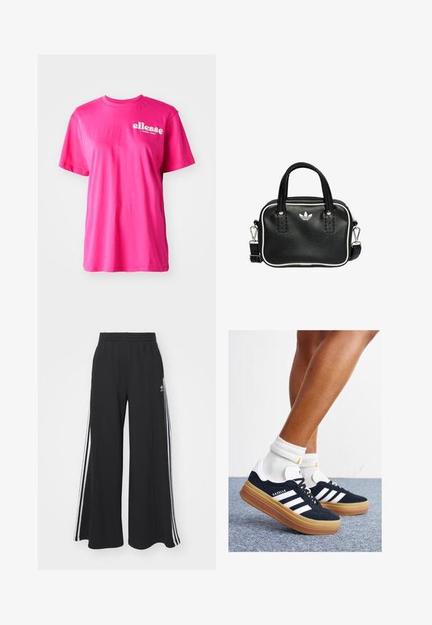Bright pink short-sleeve t-shirt features a crew neck, relaxed fit, and white "ellesse" logo on the front. Made from soft cotton material.; Black wide-leg sweatpants with an elastic waistband, featuring white side stripes and an embroidered logo on the left thigh.; Black suede sneakers with white stripes and accents, rounded toe, gum rubber outsole, paired with white ribbed crew socks.; Black leather handbag with two short handles, silver hardware, white accents, and a white logo. Features a textured surface and compact design.