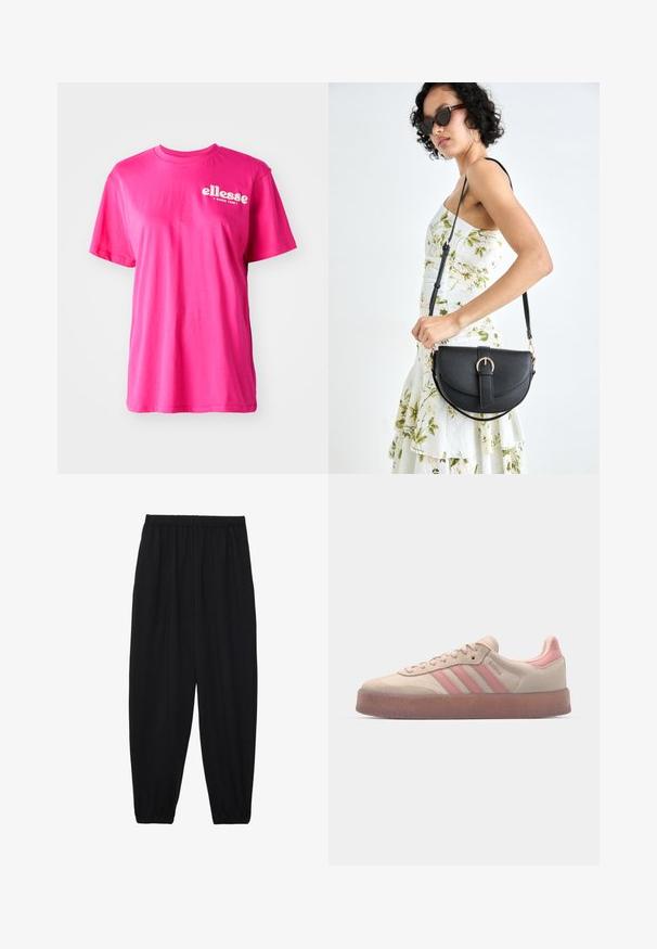 Rózsaszín, rövid ujjú póló jellemzője a kerek nyakú, laza szabás és az elülső fehér "ellesse" logó. Puha pamut anyagból készült.; Fekete, könnyű nadrág elasztikus derékkal és ráncolt bokákkal. Az anyag sima és laza, szűkített dizájnnal rendelkezik.; Beige velúr tornacipő világos rózsaszín kiegészítőkkel, texturált gumi talppal és három rózsaszín csíkkal az oldalukon. Kerek orrú és fűzős kialakítás.; Fekete bőrtáska ívelt formával, levehető pánttal és arany színű fémrészekkel. A táskán egy csattal díszített fedél található.