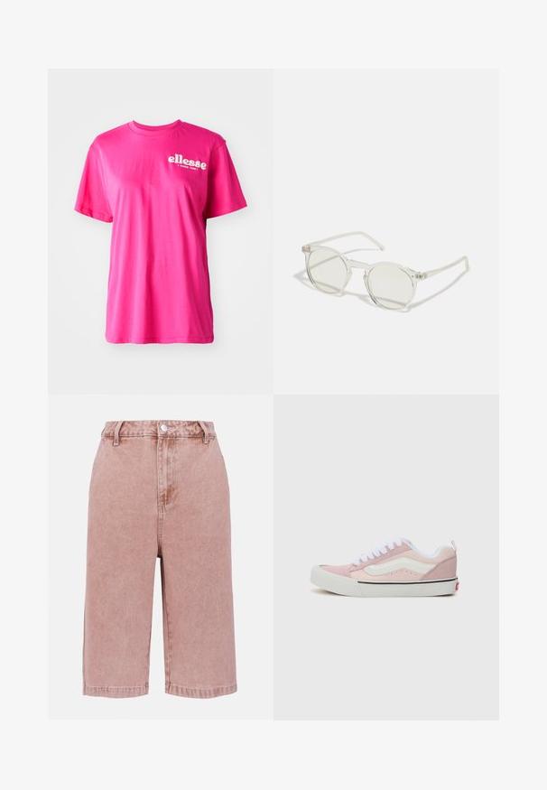 Tricou scurt roz zău cu mânecă scurtă, cu guler rotund, croială lejeră și logo-ul alb "ellesse" pe față. Fabricat din material de bumbac moale.; Culottes din denim roz, cu talie înaltă, închidere cu nasturi în față și lungime scurtă. Prezintă bucle pentru curea și detalii cusute de-a lungul cusăturilor.; Vans KNU SKOOL - Pantofi skate - pink; Ochelari de soare rotunzi cu un cadru transparent, cu lentile verde deschis și temple subțiri, clare. Prezintă accente subtile din metal pe cadru.