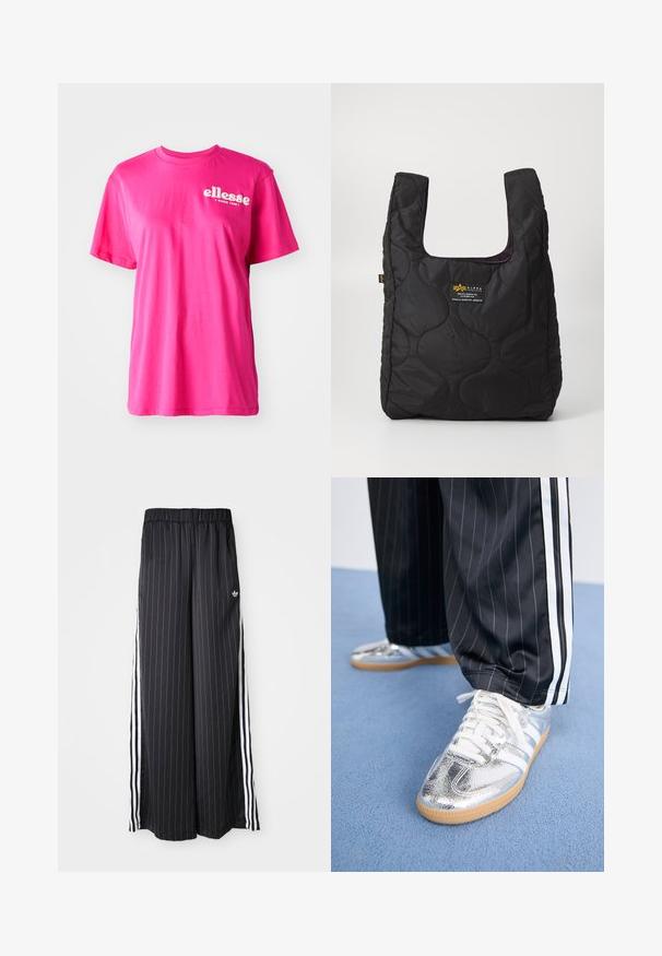 Bright pink short-sleeve t-shirt features a crew neck, relaxed fit, and white "ellesse" logo on the front. Made from soft cotton material.; Black wide-leg pants with vertical white stripes, elastic waistband, and three white stripes along the side. Adidas logo on the front.; Metallic silver sneakers with white laces and three white stripes, paired with black pinstriped pants. Gum sole accent at the bottom.; Black quilted tote bag with a large opening, curved shapes on the surface, and a label featuring yellow and white text on the front.