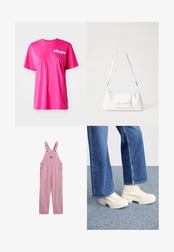 Camiseta de manga corta de color rosa brillante con cuello redondo, corte relajado y logo blanco de "ellesse" en la parte frontal. Fabricada en suave material de algodón.; Los overoles de algodón rosa cuentan con tirantes ajustables, dos bolsillos frontales y un bolsillo cuadrado en el pecho, con acentos de hardware metálico.; Zapatillas deportivas blancas de caña alta con suelas gruesas y estriadas, y detalle de logo circular, combinadas con jeans de mezclilla de pierna ancha en azul claro.; Bolso sintético blanco con forma triangular, tapa frontal plana y detalle de lazo, correa ajustable, textura suave y diseño minimalista.