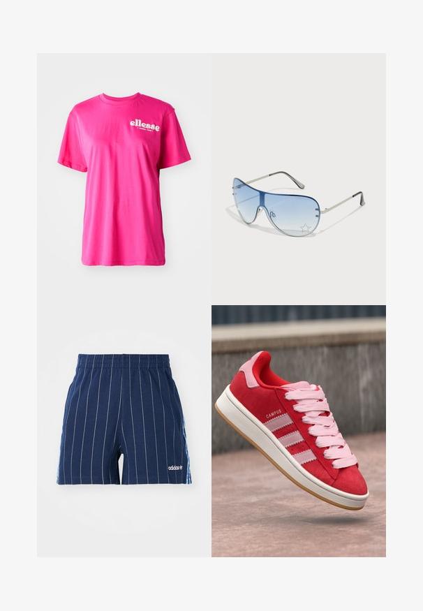 Camiseta de manga corta de color rosa brillante con cuello redondo, corte relajado y logo blanco de "ellesse" en la parte frontal. Fabricada en suave material de algodón.; Pantalones cortos azul marino con rayas blancas, cintura elástica y logo de Adidas. Presentan acentos azules en los laterales, hechos de una mezcla de algodón.; Zapatillas de ante rojo con acentos rosas, que presentan tres rayas blancas y cordones rosa claro. Suela intermedia blanca y suela exterior de goma marrón.; Gafas de sol tipo aviador con lentes azul degradado, montura de metal plateado y acentos decorativos de estrellas en los lentes. Diseño suave y elegante.