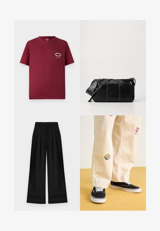 Bordeaux bomulds t-shirt med rund hals, korte ærmer og et hvidt grafisk print på venstre bryst. Glat tekstur og afslappet pasform.; Sorte ternede brede bukser med læg, der har en glat tekstur og klassisk design. Letvægtsstof for komfort.; Beige bomuldsbukser med legende broderede designs, herunder en lyserød karakter og farvede blokke, parret med sorte snørebåndssneakers.; Sort læder skuldertaske med lynlås, der har en tekstureret overflade, hvid syning og en rem med sølvøskner.