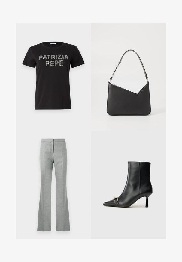 Juoda medvilnės marškinėliai su trumpomis rankovėmis, apvalia iškirpte ir dekoratyviu akmenukų užrašu, rašančiu "PATRIZIA PEPE" priekyje.; Pilki platėjantys keliai su vertikaliomis siūlėmis, pagaminti iš minkštos, tekstūruotos medžiagos. Turi prigludusią juosmenį ir lygų apdailą.; Juodas odinis apavas iki kulkšnies su smailiu nosiu, plonu vidutinio aukščio kulnu ir sidabriniu sagties akcentu šone, prieš paprastą foną.; Juodos odos rankinė trikampio formos, su siauru dirželiu ir sidabriniais aksesuarais. Yra užtrauktuko uždarymas ir iškilmingas logotipas priekyje.