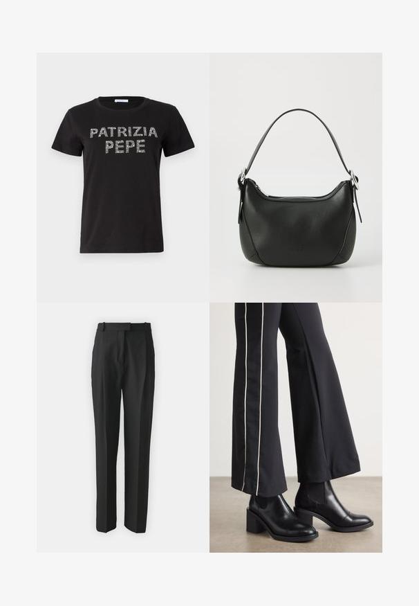 Must karvane t-särk, millel on lühikesed varrukad, ümmargune kaelus ja dekoratiivne klaasikristallidega kiri "PATRIZIA PEPE" ees.; Mustad kohandatud mustad püksid kergest kangast, sirge lõikega, lamedate esiosadega ja vöökohaga. Sile tekstuur ilma nähtavate mustriteta.; Mustad nahast pahklu_bootid, millel on ploki konts ja elastsed külgpaneelid. Kombineeritud mustade pükstega, millel on valge küljeriba.; Must mustast nahkaga kott, millel on kaarjas kuju, hõbedane tõmblukk ja lühike käepide. Ees on peen logo ning kott on sileda tekstuuriga.
