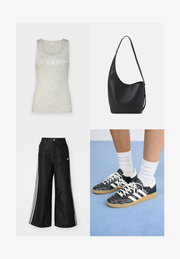 GAP TANK - Top - daisy; Black wide-leg denim pants with three white stripe accents on each side and a small white logo. Features front pockets and a button closure.; Black leather sneakers with white stripes, round toe, white laces, and gum rubber sole. Accentuated by padded collar and branding details.; Black leather hobo bag with a smooth texture, curved shape, and single adjustable strap; features a wide opening at the top.