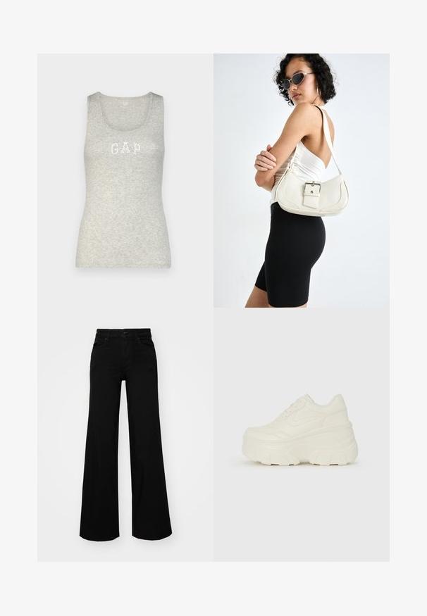 GAP TANK - Top - daisy; Pantaloni neri a gamba larga in denim, con una vita strutturata, passanti per la cintura e tasche frontali. Texture liscia con un design classico.; Sneakers bianchi con piattaforma, caratterizzati da una parte superiore simile alla pelle liscia, forma arrotondata, collo imbottito e suola in gomma testurizzata con scanalature ben definite.; Borsa a mano in pelle bianca con forma curvata, tracolla regolabile e un piccolo dettaglio con fibbia. Il modello indossa un outfit nero aderente.