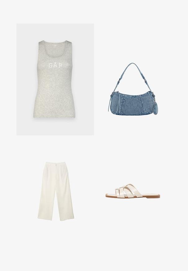 GAP TANK - Top - daisy; Široké nohavice z krémovej látky s hladkou textúrou, s jedným predným gombíkom, jemnými skladmi a vysokým pásom.; Ploché sandále s hnedou gumovou podrážkou, navrhnuté s tromi prekrývajúcimi sa bielymi koženými popruhmi a malou mašličkou uprostred.; Džínová kabelka s zakriveným tvarom, svetlomodrej farby, so nastaviteľným popruhom na rameno a malým odnímateľným vreckom s kovovými detailmi.