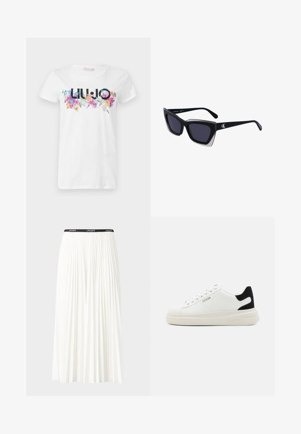 White cotton t-shirt featuring a colorful floral design with the brand name "LIU·JO" in black, positioned centrally across the chest.; Pleated white skirt with a black elastic waistband featuring the "LACOSTE" logo. Mid-length design with soft texture.; White leather sneakers with a thick white sole, black suede heel accent, and embossed logo on the side. Laced design with six eyelets.; Black oversized sunglasses with a geometric shape, featuring dark lenses and a contrasting grey detail on the frame. Logo on the arm.