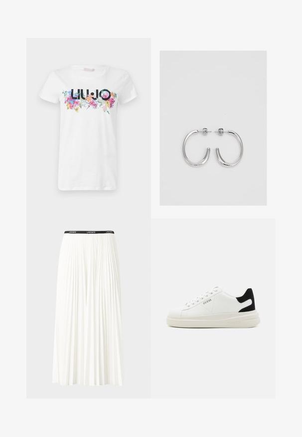 Valge puuvillane t-särk, millel on värvikas lillemuster ja brändinimi "LIU·JO" musta värviga, mis asub keskel rinnal.; Kurtitudega valge seelik musta elastse vööga, millel on "LACOSTE" logo. Keskmise pikkusega disain pehme tekstuuriga.; Valged nahast tennisetossud paksu valge tallaga, musta sametist kontsakeeuga ja külje peal riigilogo reljeefne kujundus. Lukkeskeem kuue silmaauguga.; Hõbedased rõngaskõrvarõngad, millel on sile ja läikiv pind. Ümar kuju, kerge disain, millel on post-tagumise kinnituse süsteem.