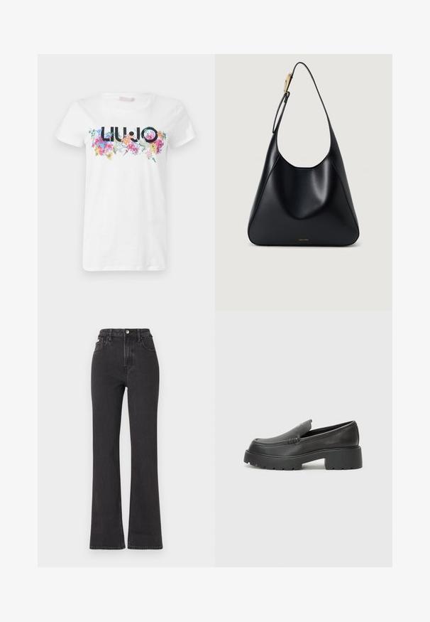 White cotton t-shirt featuring a colorful floral design with the brand name "LIU·JO" in black, positioned centrally across the chest.; Black high-waisted flared jeans made of denim, featuring a button closure, belt loops, and side pockets. Smooth texture with minimal fading.; Black leather loafers with a rounded toe, thick textured sole, and minimal stitching details. Sleek design with no visible laces or hardware.; Black leather shoulder bag with a smooth texture, curved silhouette, and a gold hardware accent. Features embossed brand logo at the base.