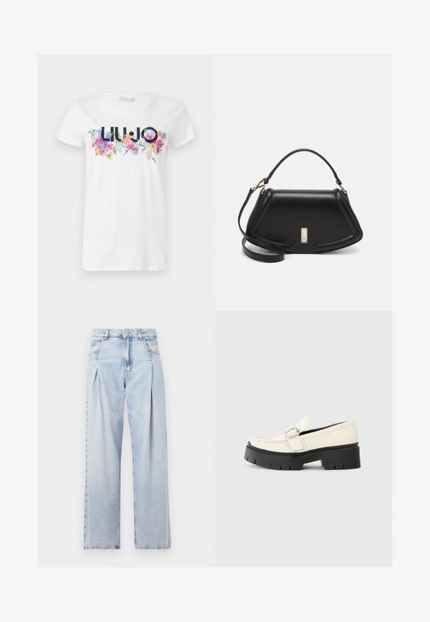 Hvid bomulds t-shirt med et farverigt blomsterdesign og mærkenavnet "LIU·JO" i sort, placeret centralt på brystet.; Lyseblå denim jeans med høj talje, bred benåbning, to sidelommer og plisseret design. Blød tekstur med et falmet finish.; Hvide læder loafers med en kraftig sort platformsål, der har en rektangulær sølvspænde og synlige syninger på overdelen.; Sort læderhåndtaske med en struktureret design, der har en kortet form, tophåndtag og guld hardware-accenter. Justerbar skulderrem inkluderet.