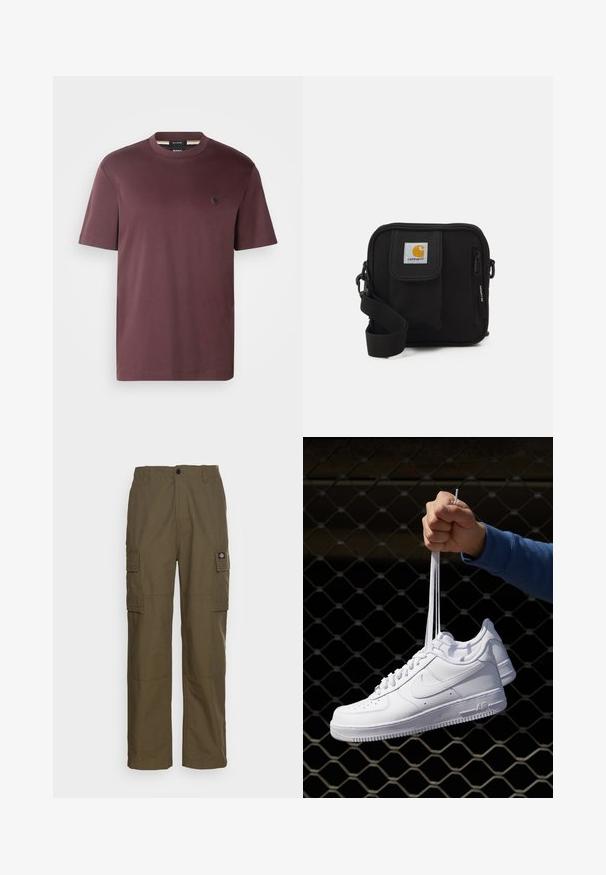 BOSS TAUT - Camiseta básica - open red; Pantalones cargo en verde oliva, hechos de un tejido resistente. Presenta dos bolsillos laterales, una cintura estándar y un diseño de pierna recta.; Zapatillas de cuero blanco con perforaciones, punta redonda, suela plana y cordones gruesos, con un logo de swoosh visible y "AIR" en el talón.; Bolso bandolera negro con un compartimento principal con cremallera, bolsillo frontal, correa ajustable y un parche de logo visible en la tapa.