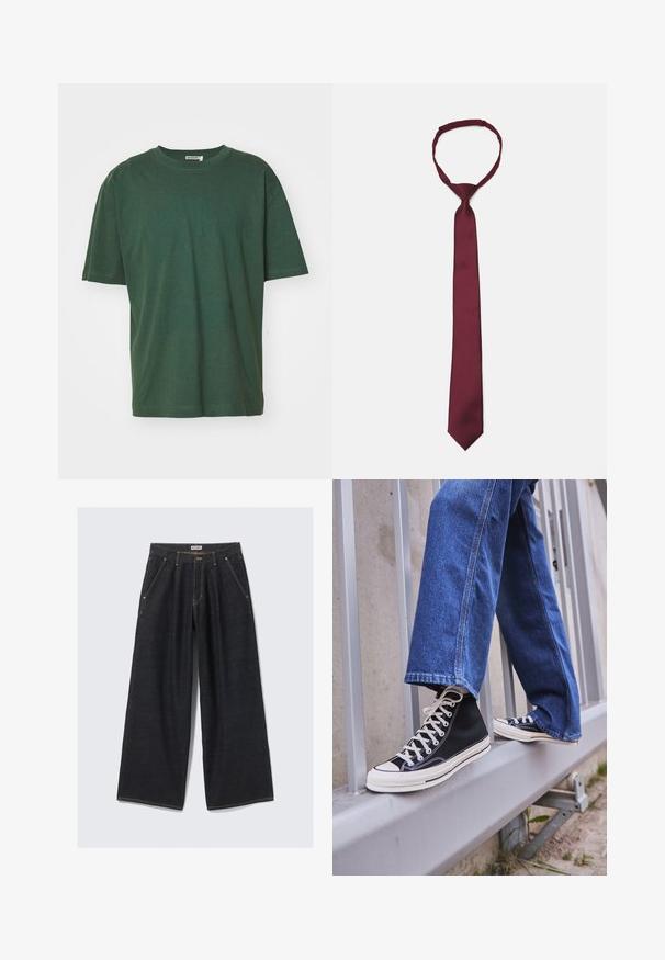 Roheline puuvillane T-särk klassikalise ümarate kraedega, lühikeste varrukatega ja mugava lõikega. Kangas on sileda tekstuuriga ja ilma nähtavate mustriteta.; Tumed sinised laiad püksid, millel on ees voldid, kaldenurgaga taskud, vöökohal vööaukude ja nööbiga kinnitamine, millel on silt "WEEKDAY".; Mustad mustade kõrgete tossudega, millel on valge tallaga ja valged paelad, koos vaba sinise denimidega, mis puhkavad hallil piiridel.; Burgundy satiinist lipsuka, sileda tekstuuriga, kitsas laius ja terav ots; varustatud mugava kinnituskummiga.